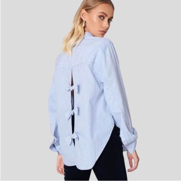 Free People Tie It In A Bow Preppy Blue White Pinstripe Button Down Shirt M - Picture 3 of 7